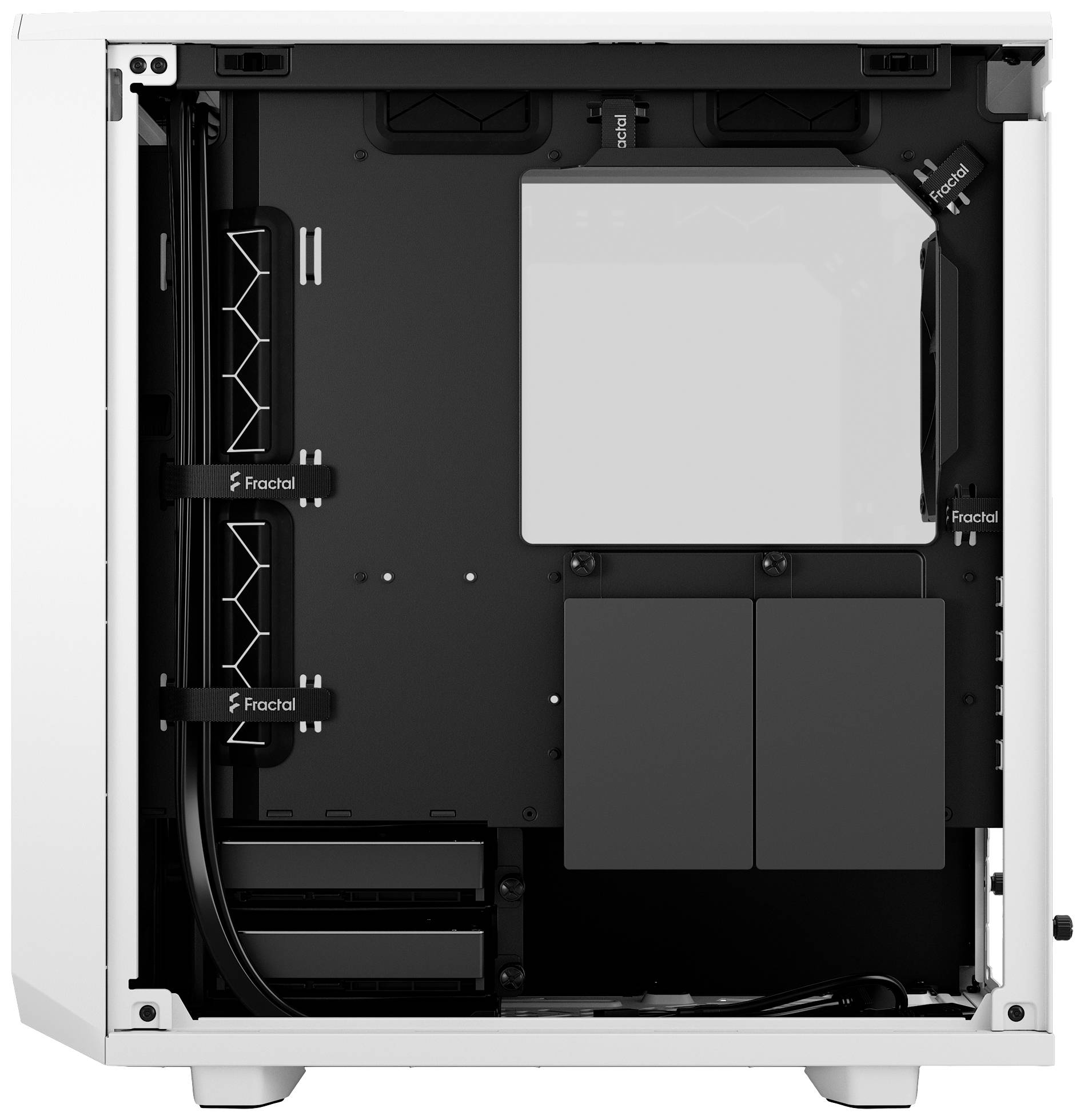 Ein weißes Computergehäuse von innen, ohne Komponenten, mit Kabelmanagementsystem und Platz für Laufwerke und Kühlung.