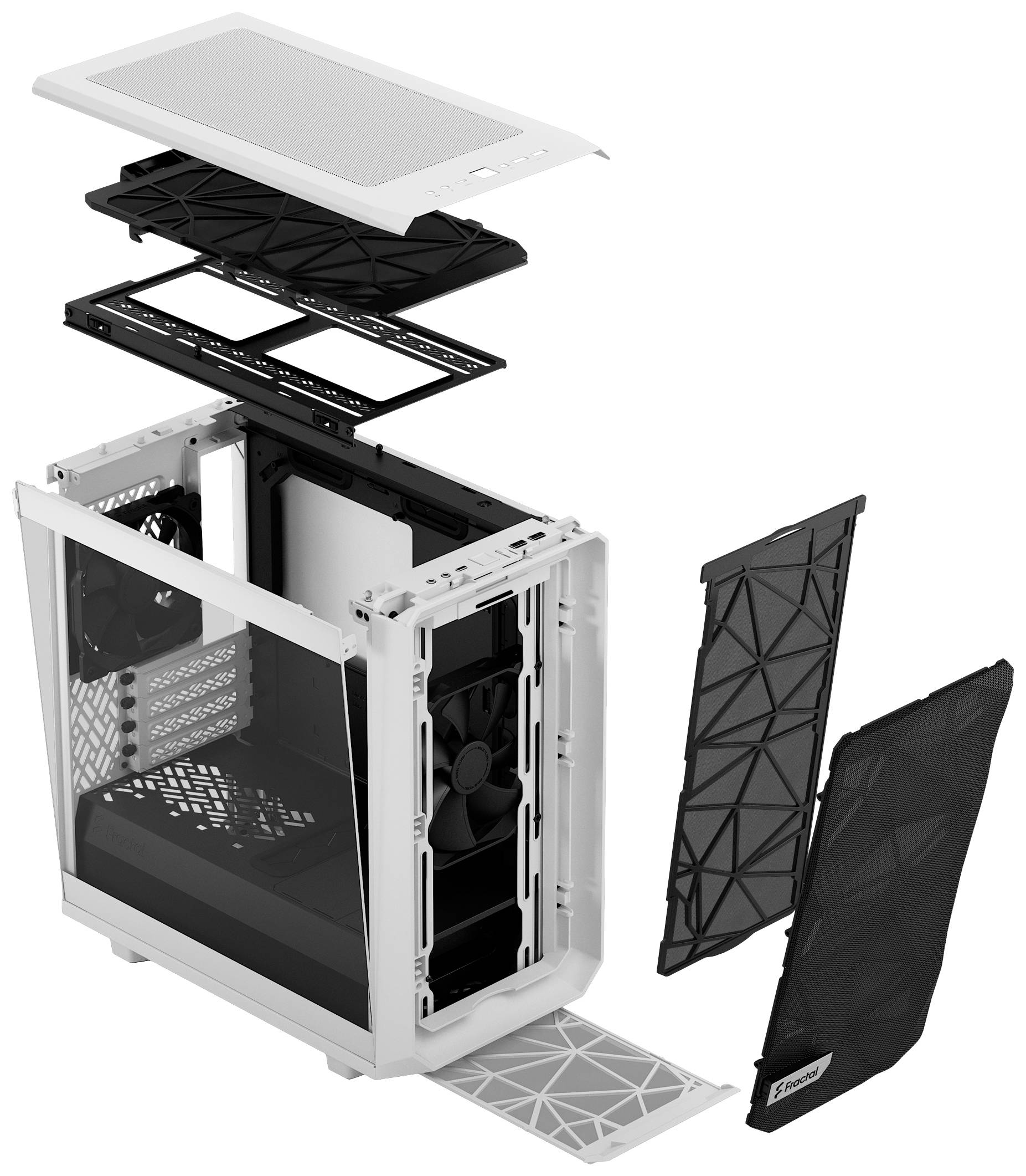 Zerlegte Ansicht eines Computergehäuses mit offenem Inneren, abnehmbaren Seitenwänden und Teilen wie Lüftern und Staubfiltern.