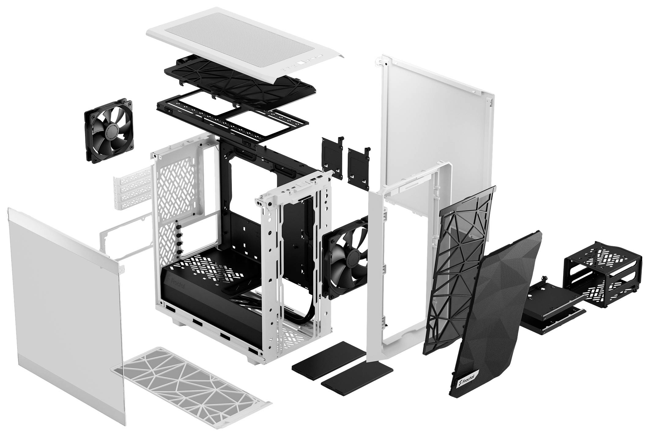 Explosionszeichnung eines Computergehäuses mit verschiedenen Komponenten wie Lüfter, Rahmen und Paneele in auseinandergebautem Zustand.