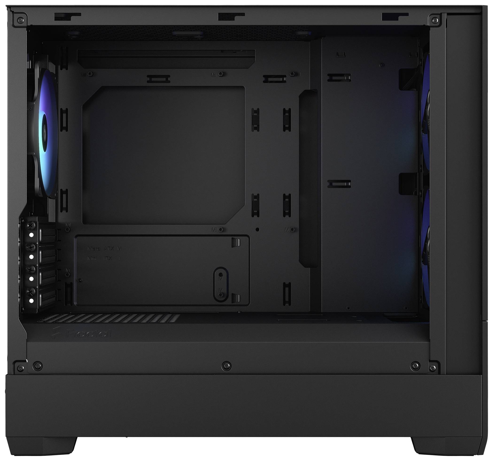 Ein leerer schwarzer Computer-Tower mit sichtbaren Lüfterpositionen, ohne installierte Hardware. Ideal zum Eigenbau eines PCs.