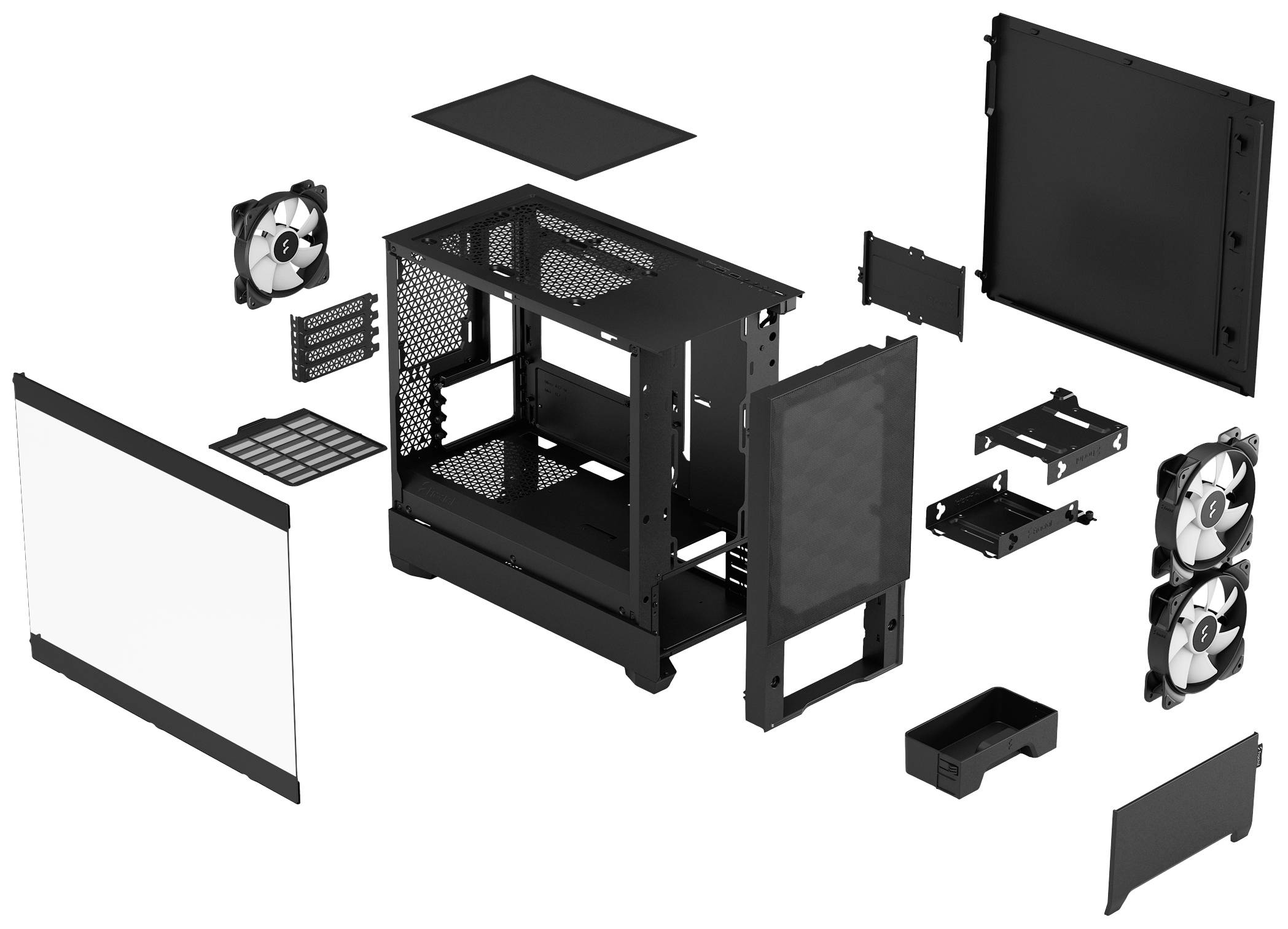 Explosionszeichnung eines Computergehäuses mit abnehmbaren Paneelen, Lüftern und Komponenten, die den Innenaufbau zeigen.