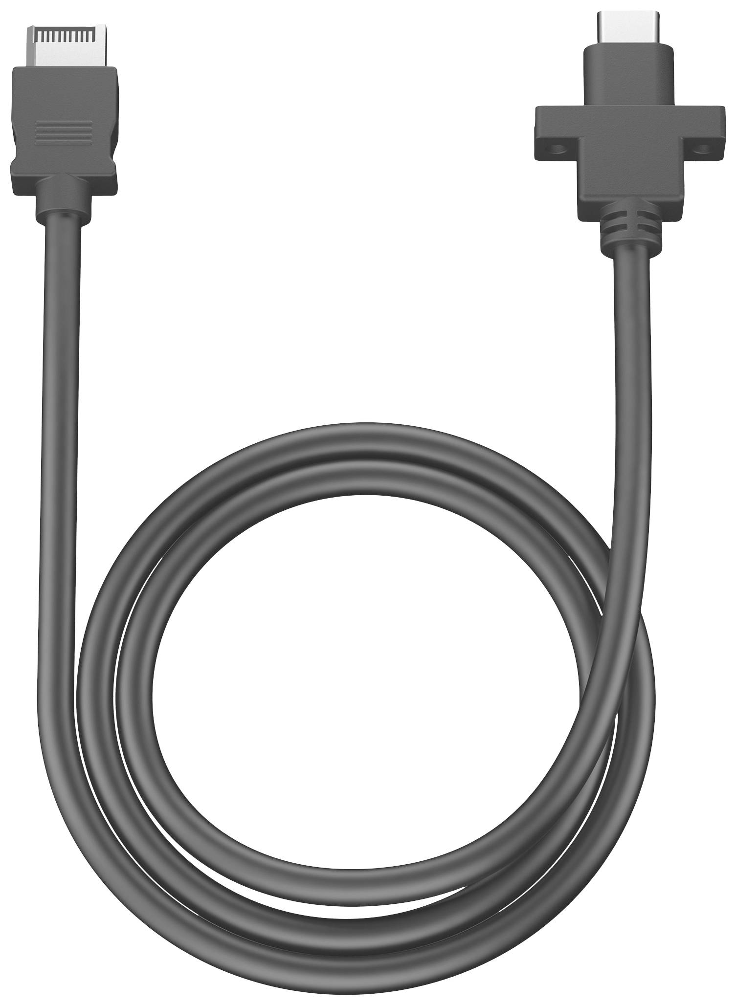 Ein schwarzes USB-Ladekabel mit rechteckigen Anschlüssen an beiden Enden liegt aufgerollt auf einem weißen Hintergrund.