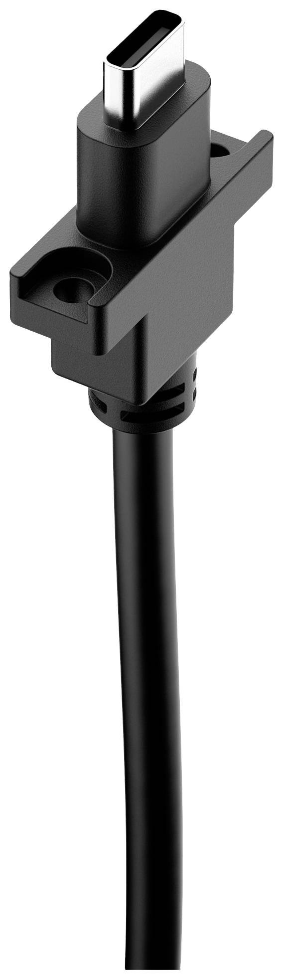 Schwarzes USB-C-Kabel mit befestigungsschrauben für stabile Verbindung; ideal für feste Geräteinstallationen und sicheren Halt.