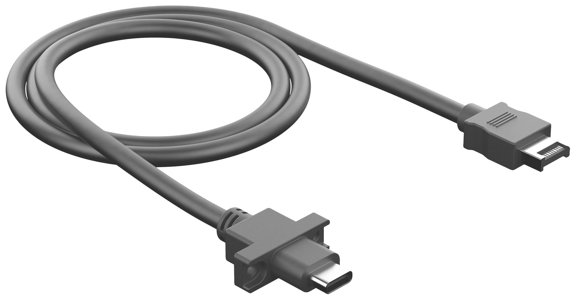 Ein graues USB-Kabel mit einem USB-C-Stecker an einem Ende und einem Mikro-USB-Stecker am anderen Ende.