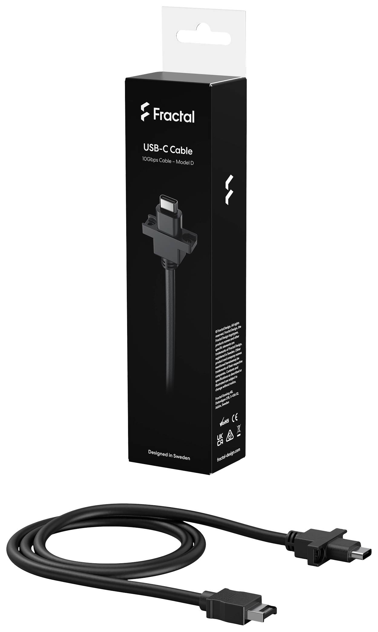 Die Abbildung zeigt eine Fractal USB-C Kabelverpackung und ein danebenliegendes USB-C Kabel. Die Verpackung hat ein minimalistisches Design.