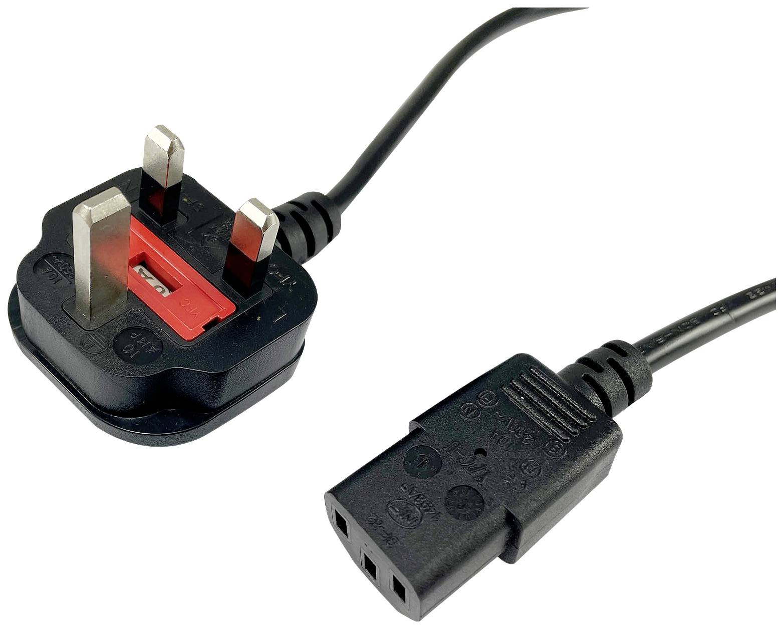 Abgebildet ist ein britischer Netzstecker neben einem IEC-Stecker mit Kabel. Der Netzstecker hat drei rechteckige Stifte.