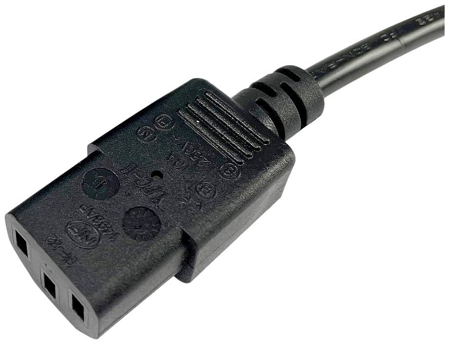 Schwarzes Netzkabel mit dreipoligem Stecker, Typ C13, geeignet für Computer und Elektrogeräte. Steckerkörper zeigt Sicherheitszertifizierungen.