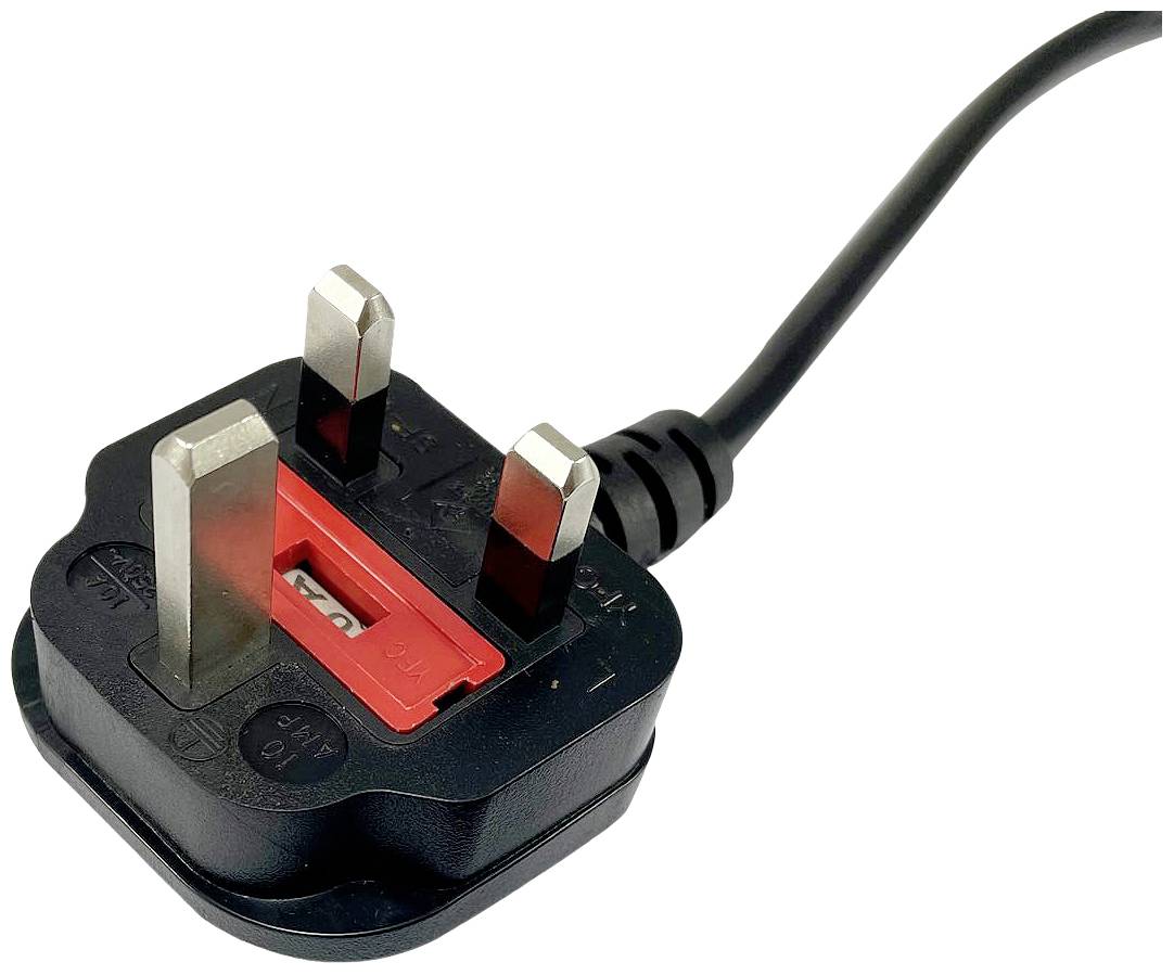 Ein dreipoliger Stecker mit schwarzem Kabel, typischerweise in Großbritannien verwendet, zeigt Erdungs- und Netzanschlüsse.