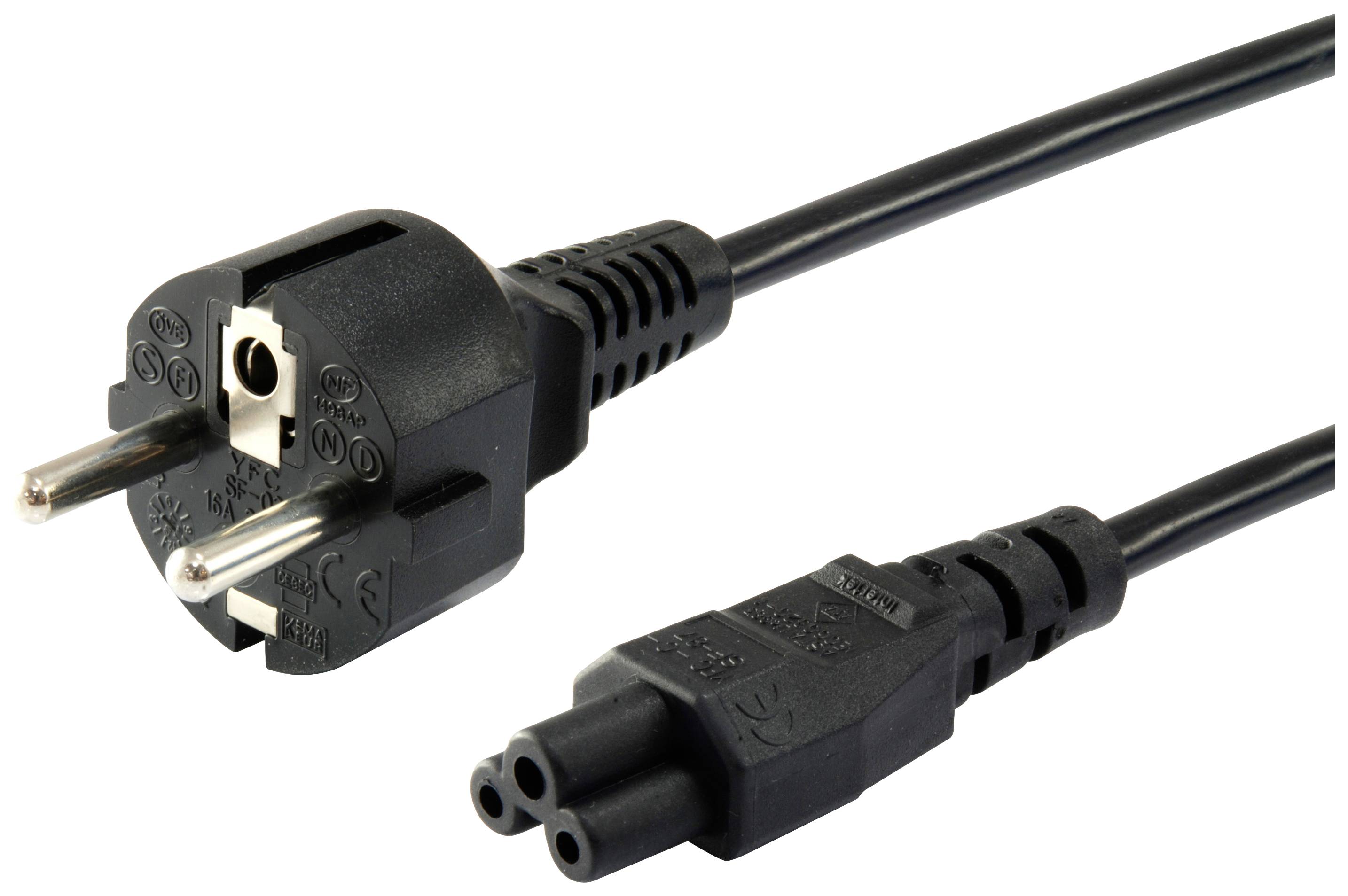 Ein schwarzes Netzkabel mit einem europäischen Schukostecker und einem dreipoligen C5-Kleeblattstecker, verbunden durch ein Kabel.