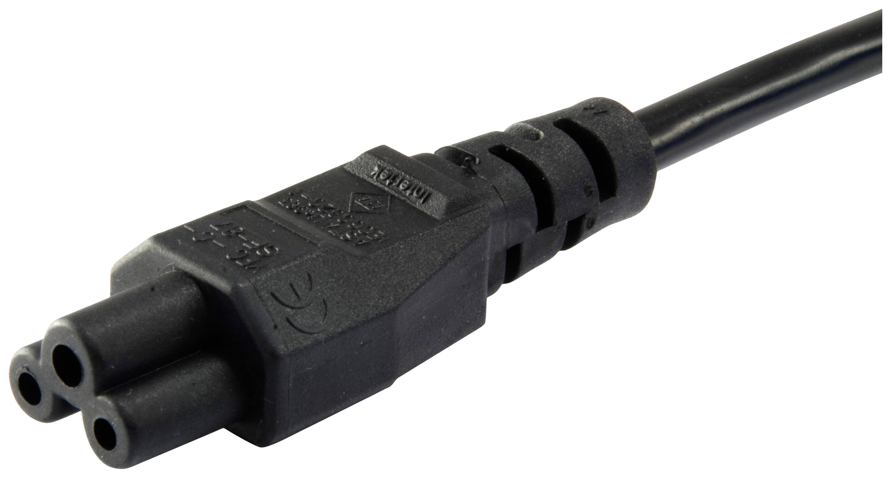 Schwarzes Netzkabel mit dreipoligem IEC-60320-C5-Stecker, oft für Laptops verwendet.