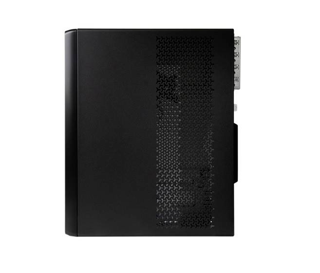 Schwarzes Computergehäuse von der Seite, mit Lüftungsschlitzen.
