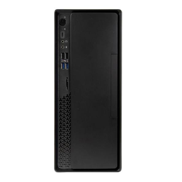 Schwarzes Computergehäuse in vertikaler Ausrichtung mit mehreren Anschlüssen, darunter USB-Ports, an der Vorderseite.