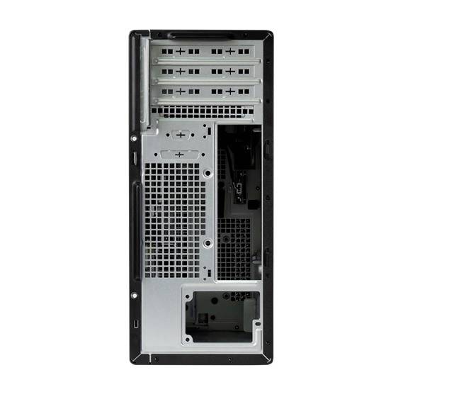 Rückseite eines Desktop-PC-Gehäuses mit mehreren Slots für Erweiterungskarten, Lüftungsgittern und Anschlüssen für Peripheriegeräte.