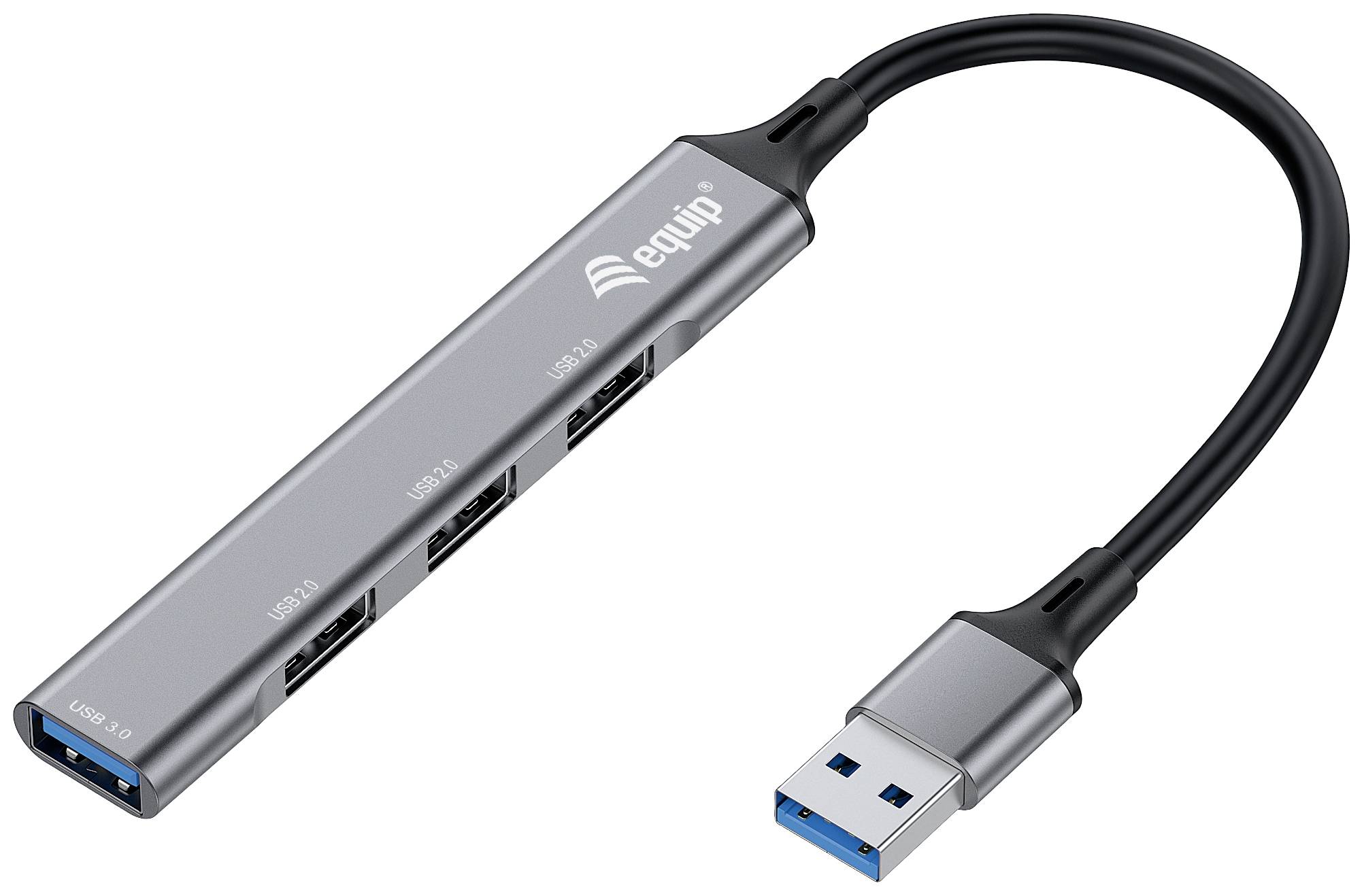 USB-Hub mit 4 Anschlüssen, einer davon mit USB 3.0 markiert. Kabel ist schwarz und etwa 15 cm lang. Gerät ist silbern.
