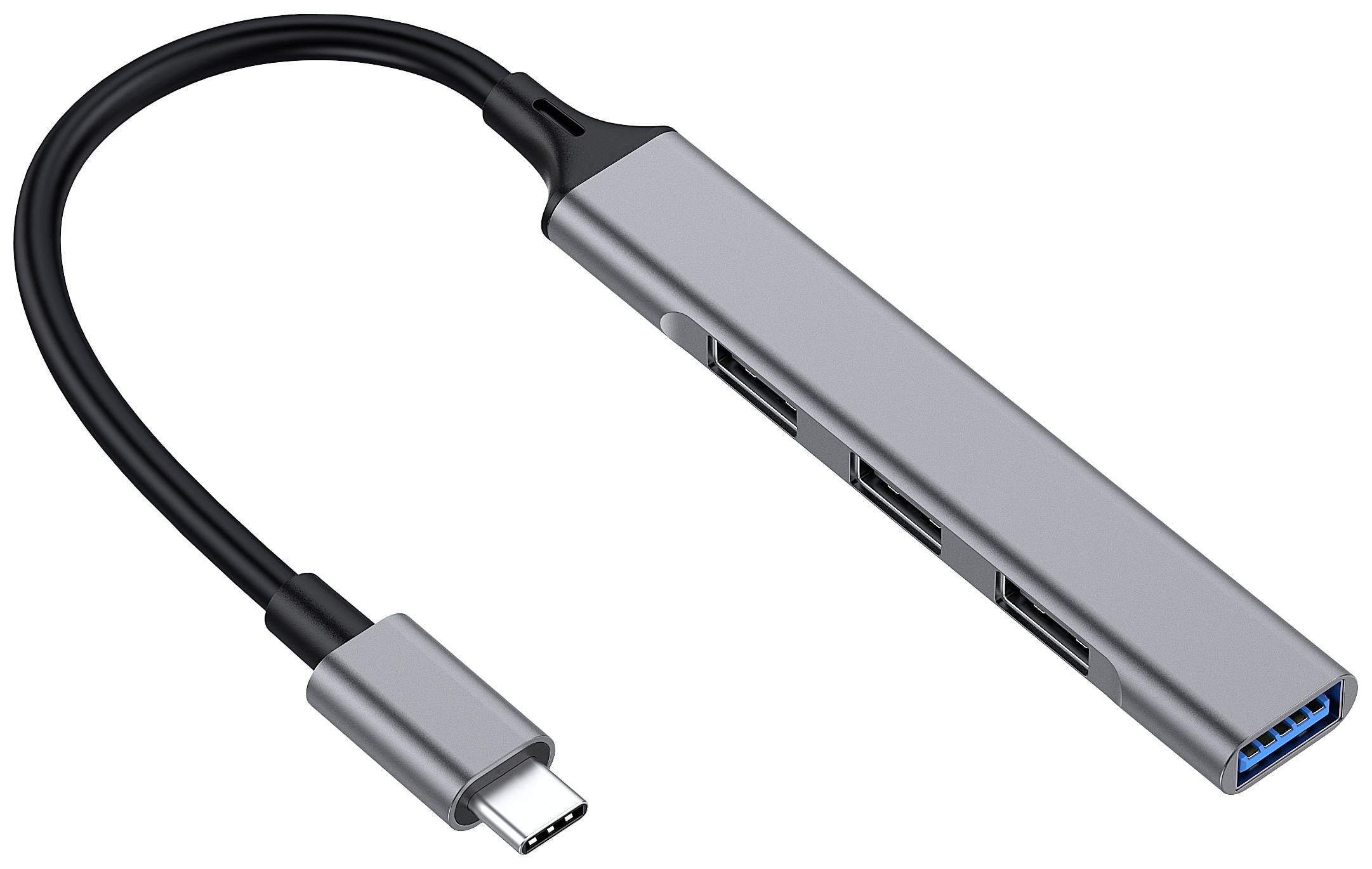 Ein USB-C-Hub mit mehreren Anschlüssen, darunter USB-A, HDMI und mehr. Kompaktes Design für den Anschluss verschiedener Geräte.