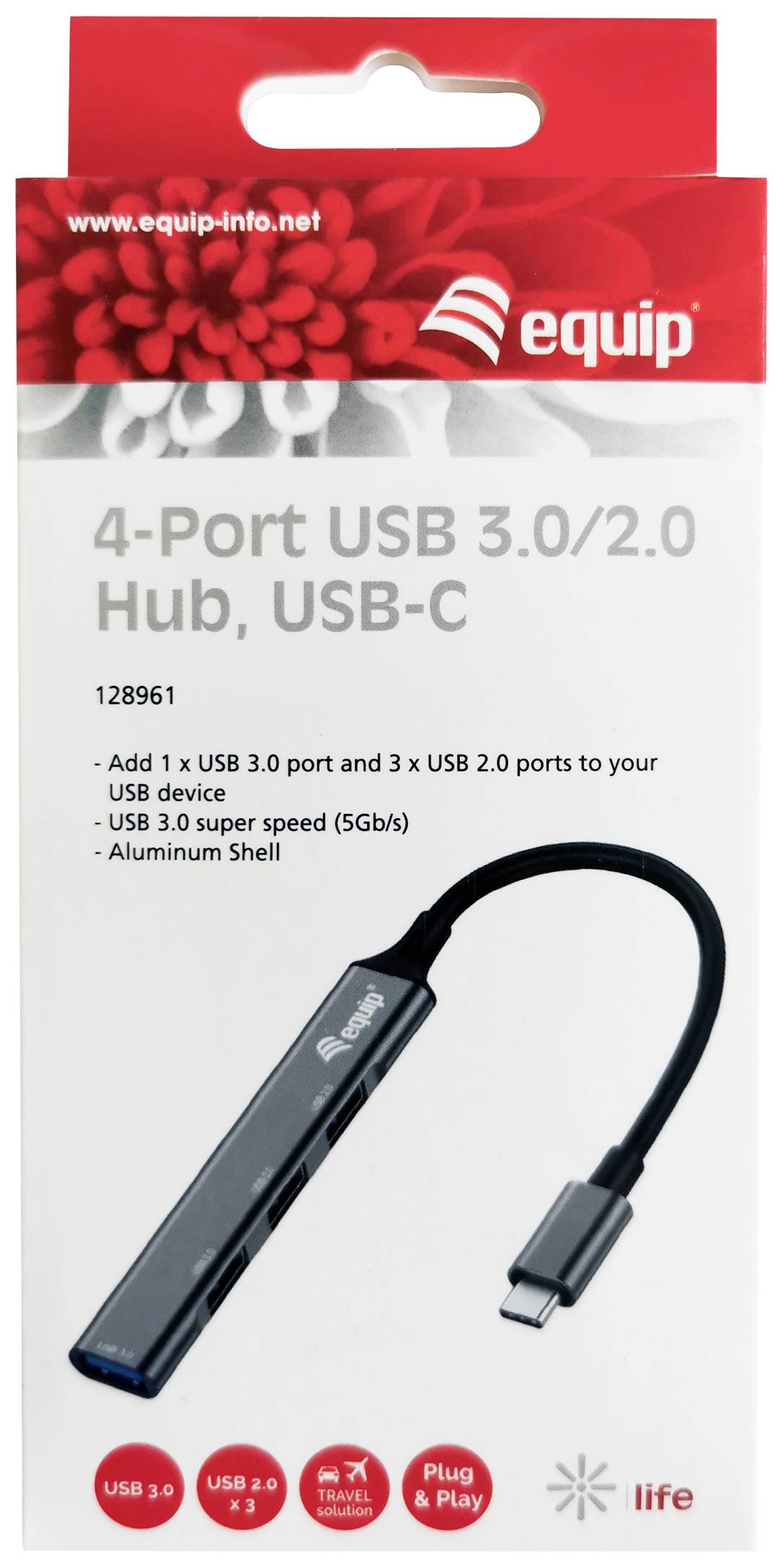 '4-Port USB 3.0/2.0 Hub, USB-C' Verpackung. Zeigt ein schlankes Aluminium-Hub mit drei USB 2.0- und einem USB 3.0-Anschluss.