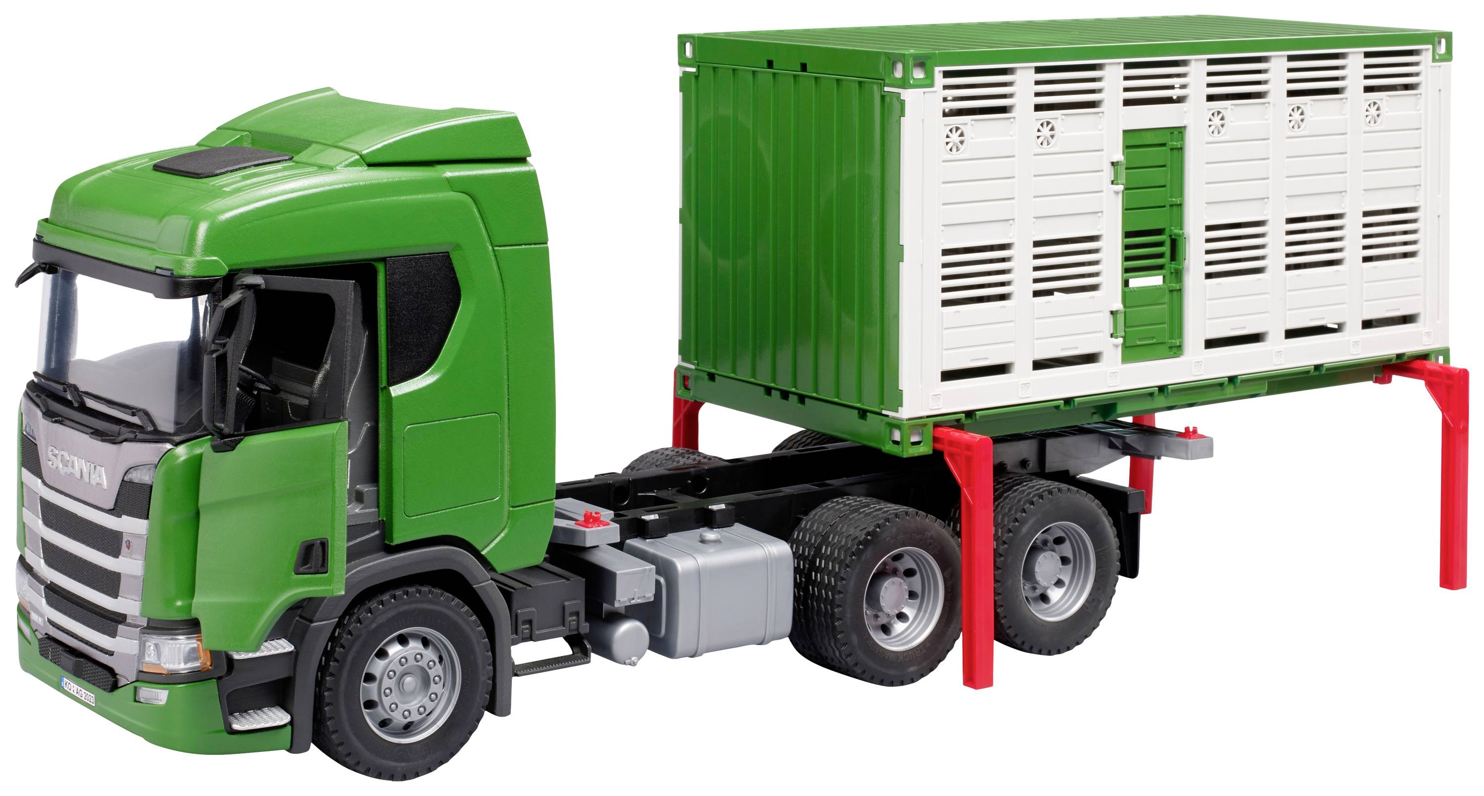 Grüner LKW mit weißem Container auf der Ladefläche, dargestellt auf einem weißen Hintergrund.
