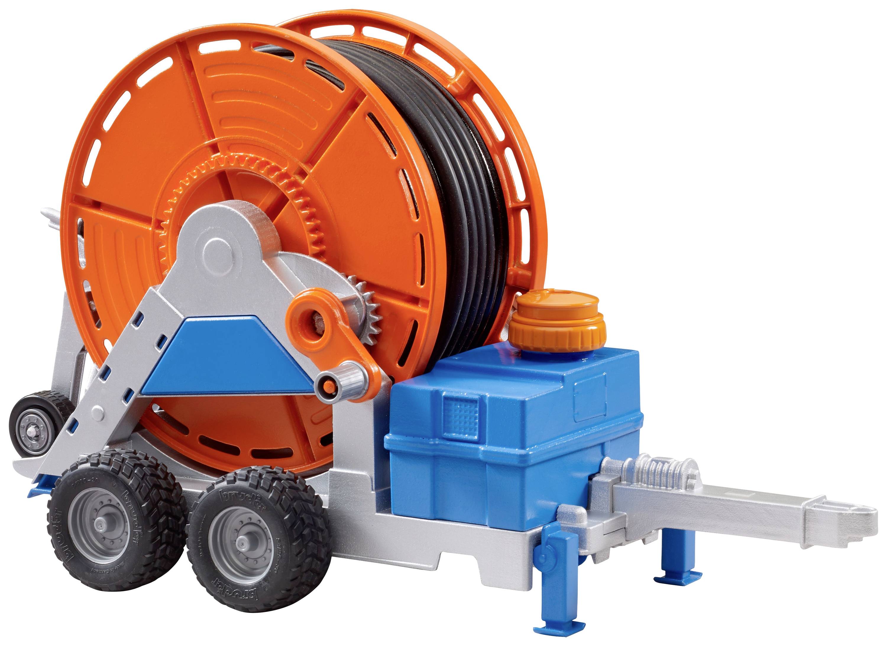 Spielzeugmodell eines großen Kabeltrommelwagens mit orangener Trommel, blauem Rahmen und schwarzen Reifen.