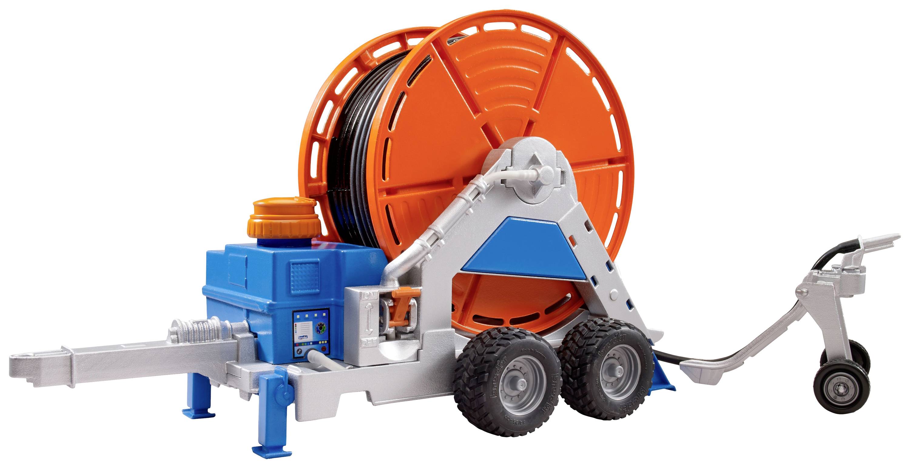 Ein mobiler Kabeltrommelwagen mit großer orangefarbener Trommel auf Rädern. Unterstützt Transport und Abwicklung von Kabeln.