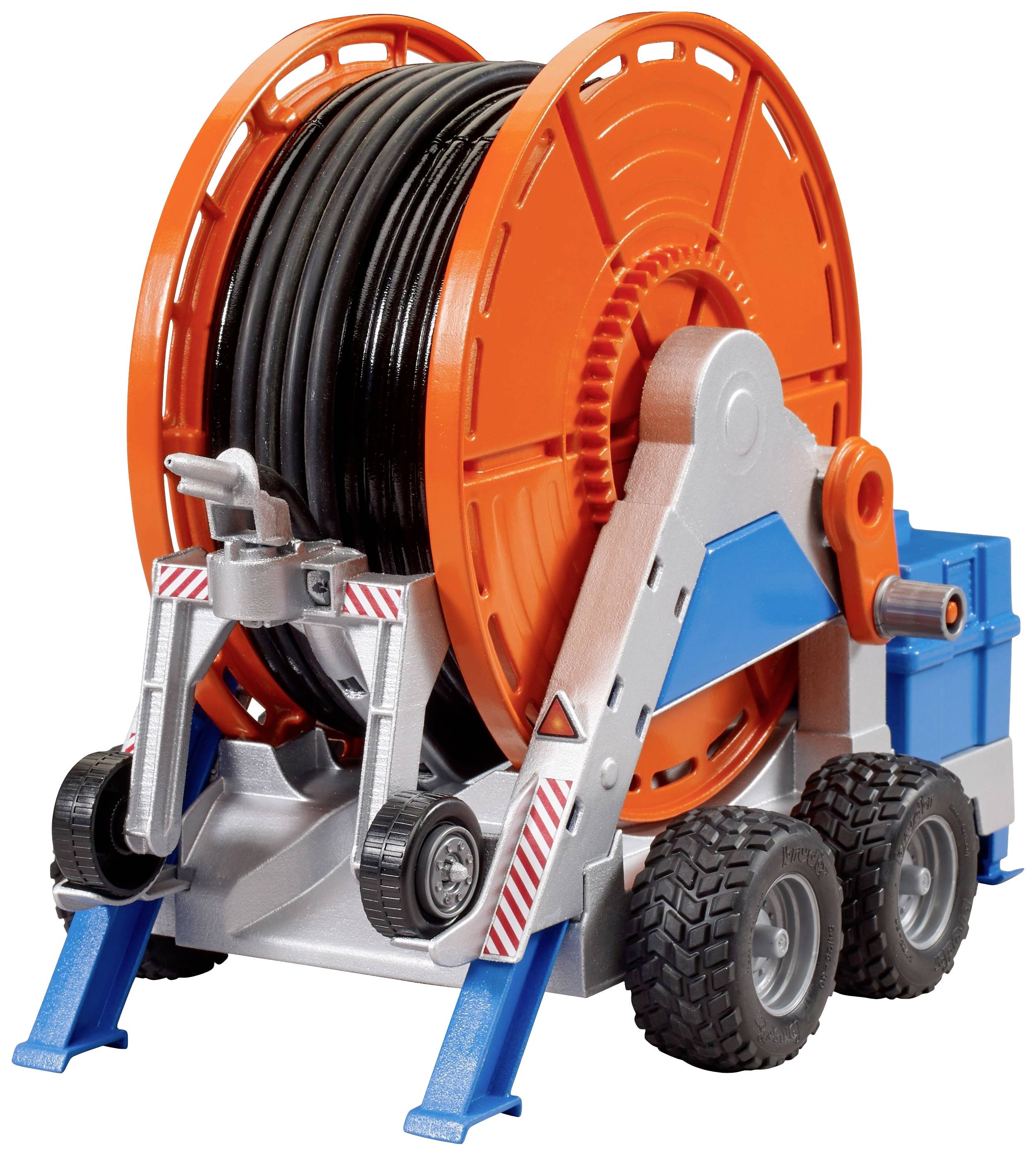 Eine große Kabeltrommel auf Rädern, stabilisiert mit Stützen. Die Trommel ist orange-schwarz und montiert auf einem silber-blauen Gestell.