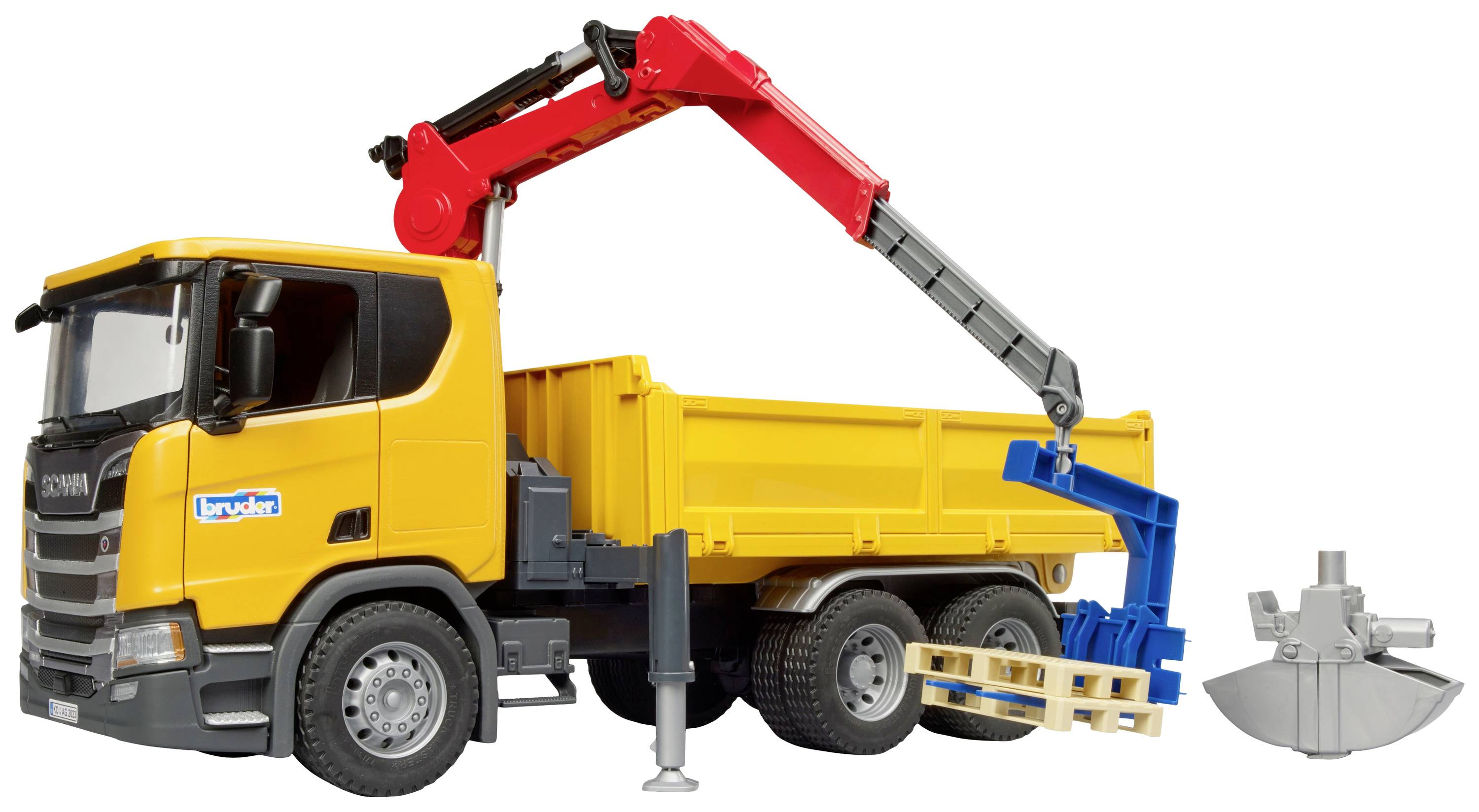 Bruder Scania Super 560R Baustellen-LKW mit Kran und 2 Paletten Fertigmodell Nutzfahrzeug Modell
