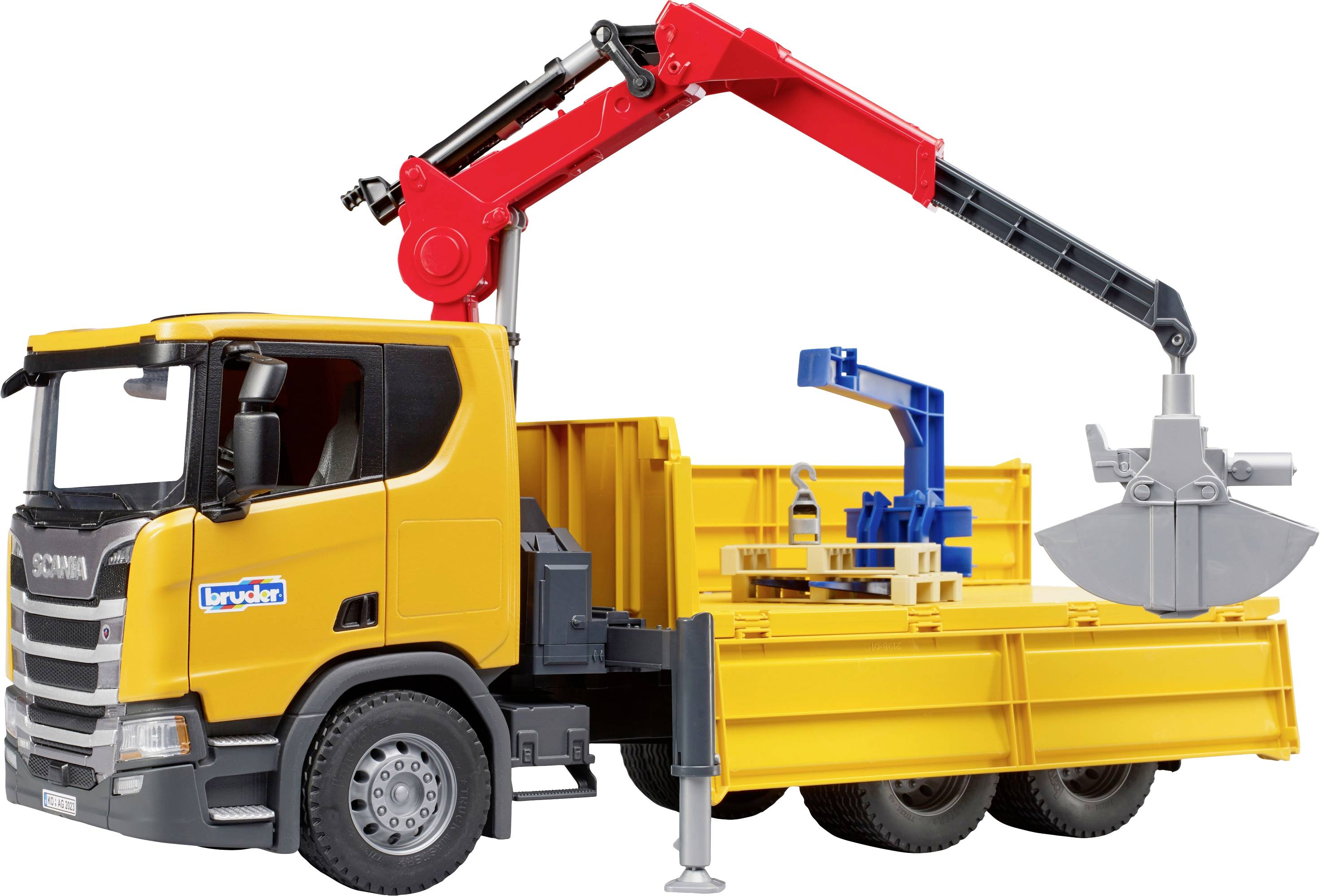 Bruder Scania Super 560R Baustellen-LKW mit Kran und 2 Paletten Fertigmodell Nutzfahrzeug Modell