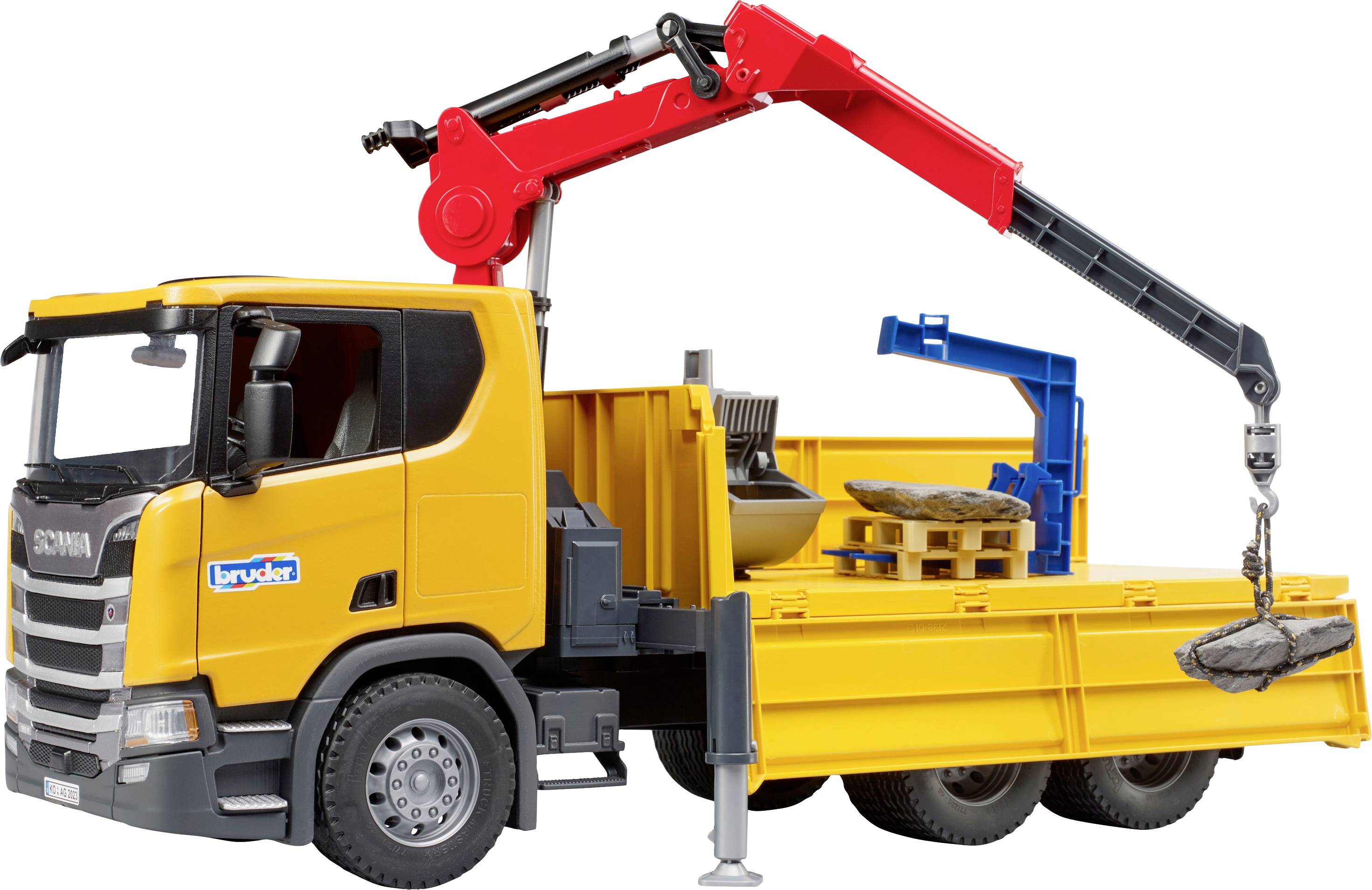 Bruder Scania Super 560R Baustellen-LKW mit Kran und 2 Paletten Fertigmodell Nutzfahrzeug Modell