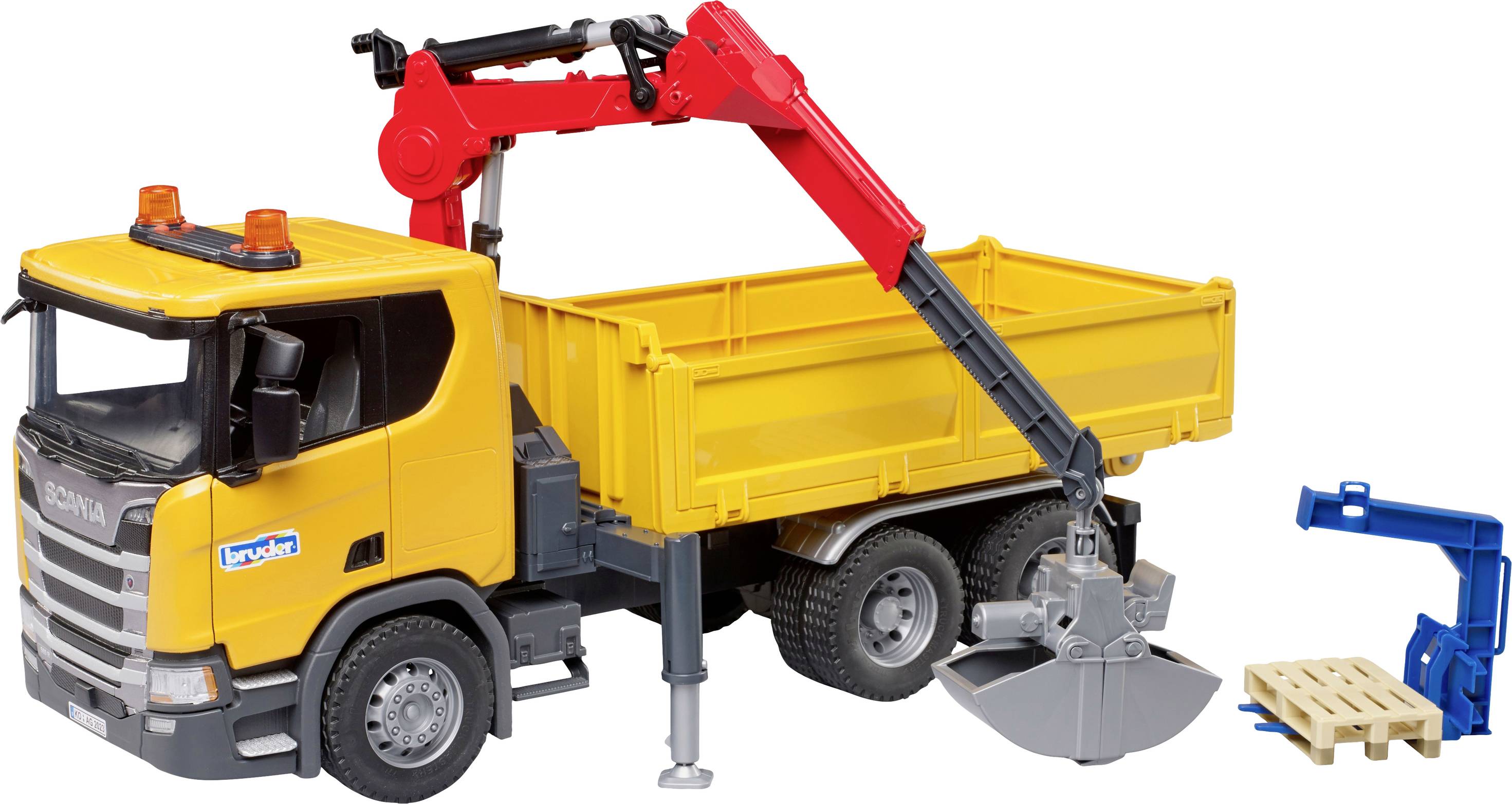 Bruder Scania Super 560R Baustellen-LKW mit Kran und 2 Paletten Fertigmodell Nutzfahrzeug Modell