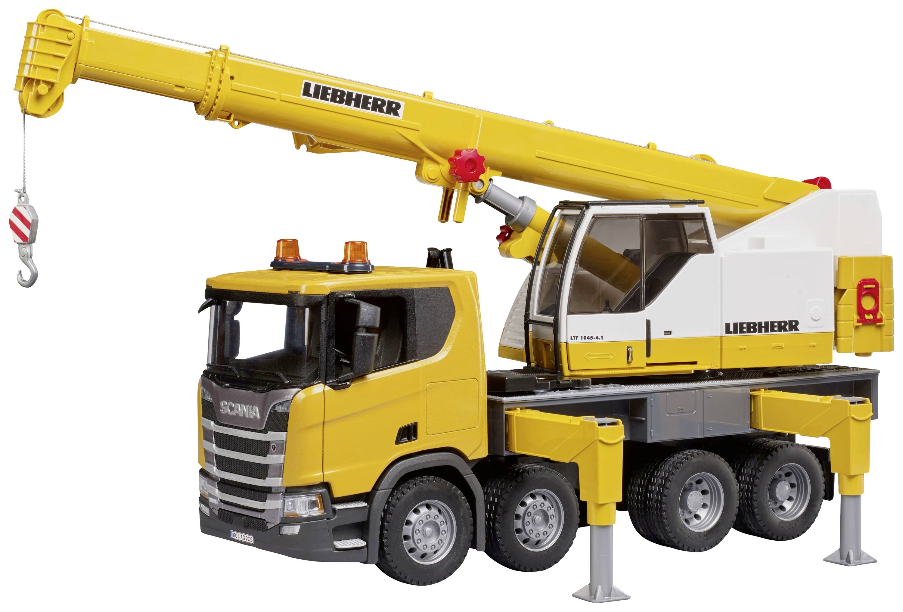 Ein gelber Spielzeugkran auf einem Fahrzeug mit mehreren Rädern, markiert mit dem Logo 'Liebherr', befindet sich auf weißem Hintergrund.
