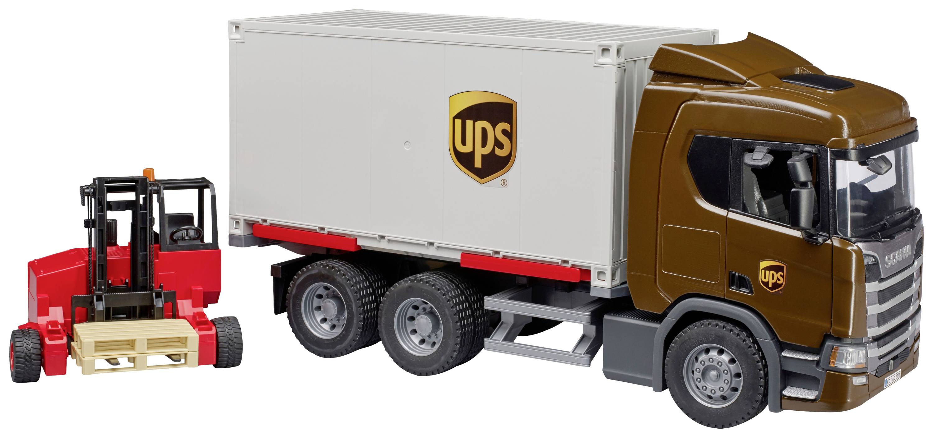 Bruder Scania Super 560R UPS Logistik-LKW mit Mitnahmestapler Fertigmodell LKW Modell