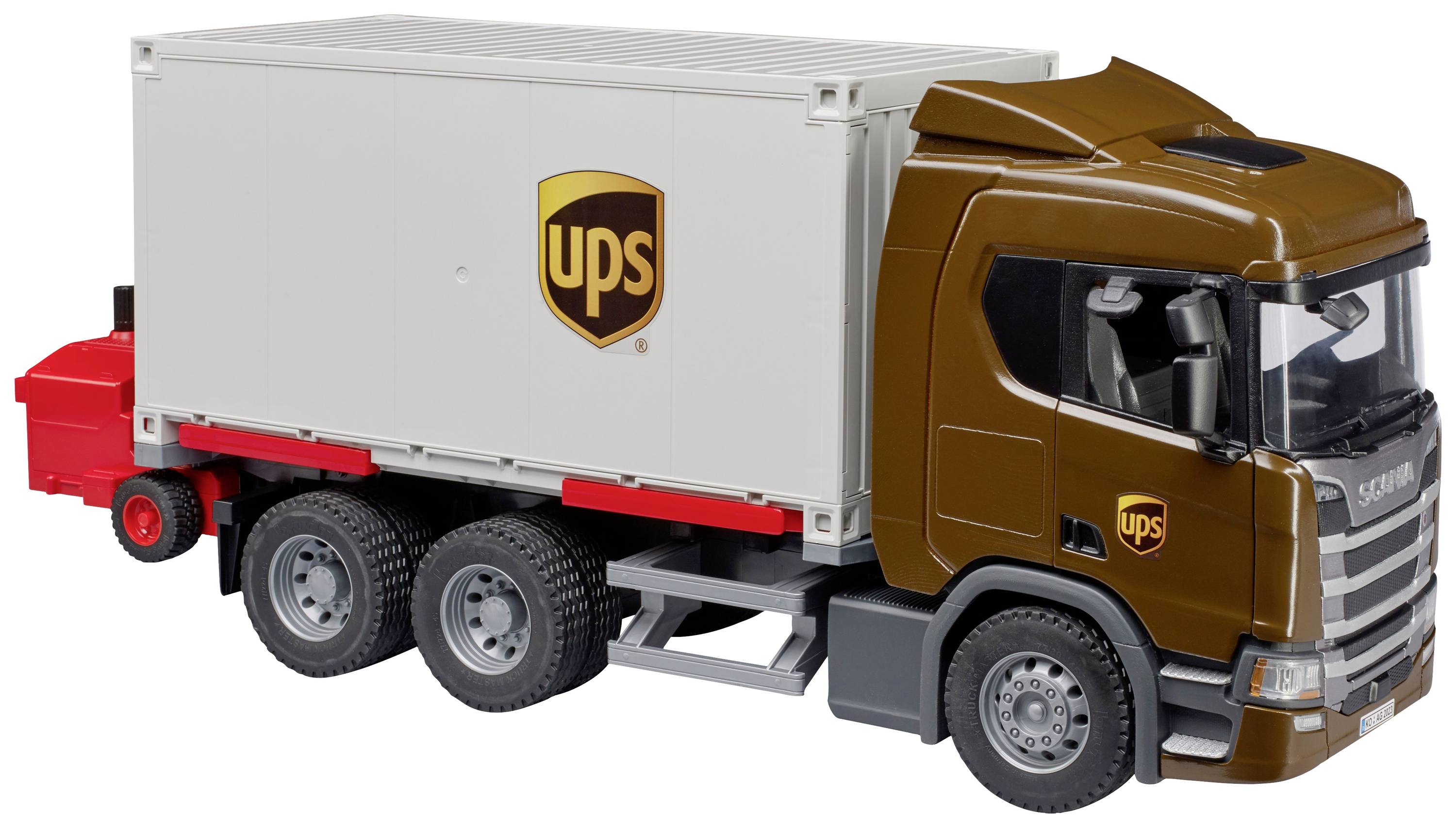 Spielzeugmodell eines braunen Lastwagens mit 'UPS'-Logo. Das Fahrzeug hat einen weißen Container und sechs Reifen.