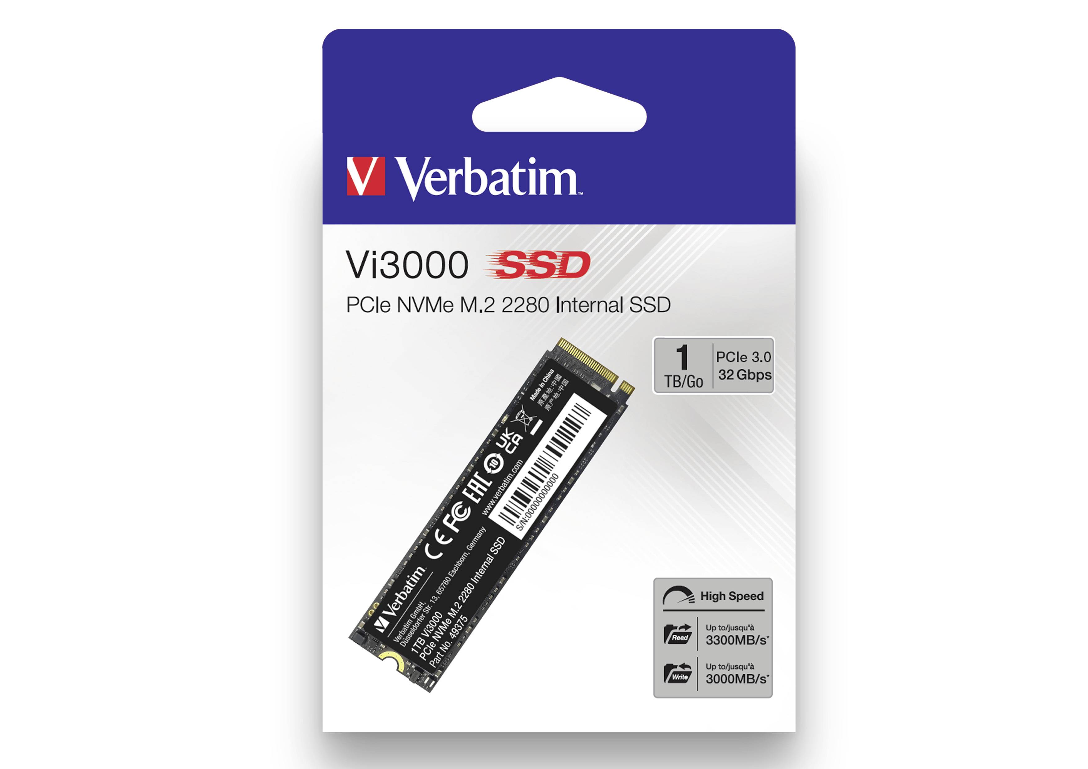 Verbatim Vi3000 1TB Interne M.2 PCIe NVMe SSD 2280 PCIe NVMe 3.0 x4 Retail 49375