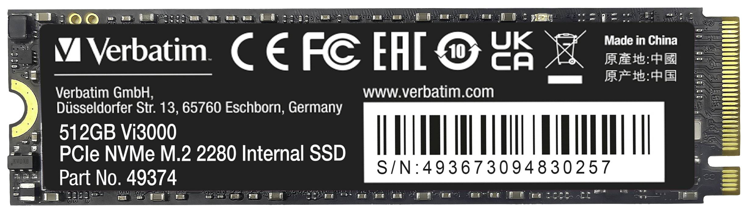 Verbatim Vi3000 512 GB Interne M.2 PCIe NVMe SSD 2280 PCIe NVMe 3.0 x4 Retail 49374