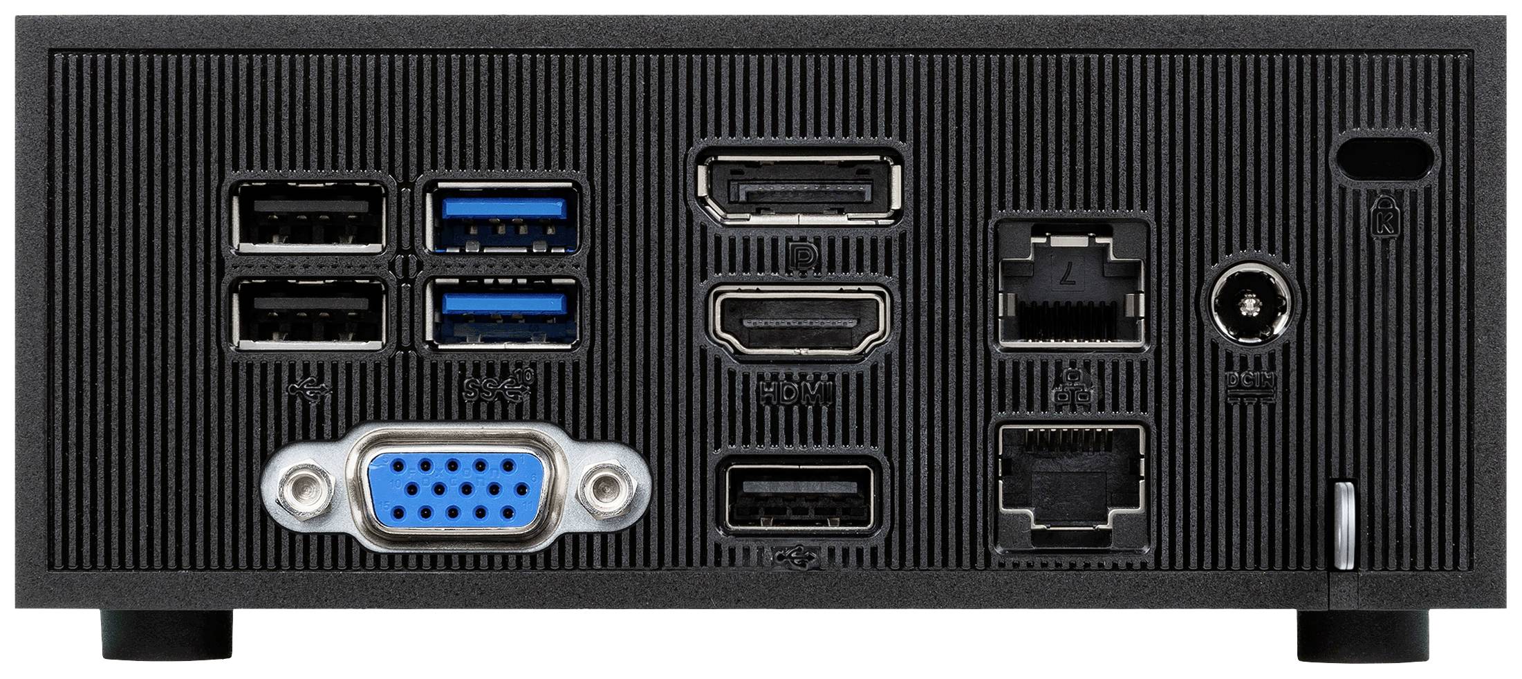 Rückseite eines Mini-PCs mit verschiedenen Anschlüssen: USB-Ports, VGA-, HDMI-, Ethernet- und Audioanschlüsse sichtbar.