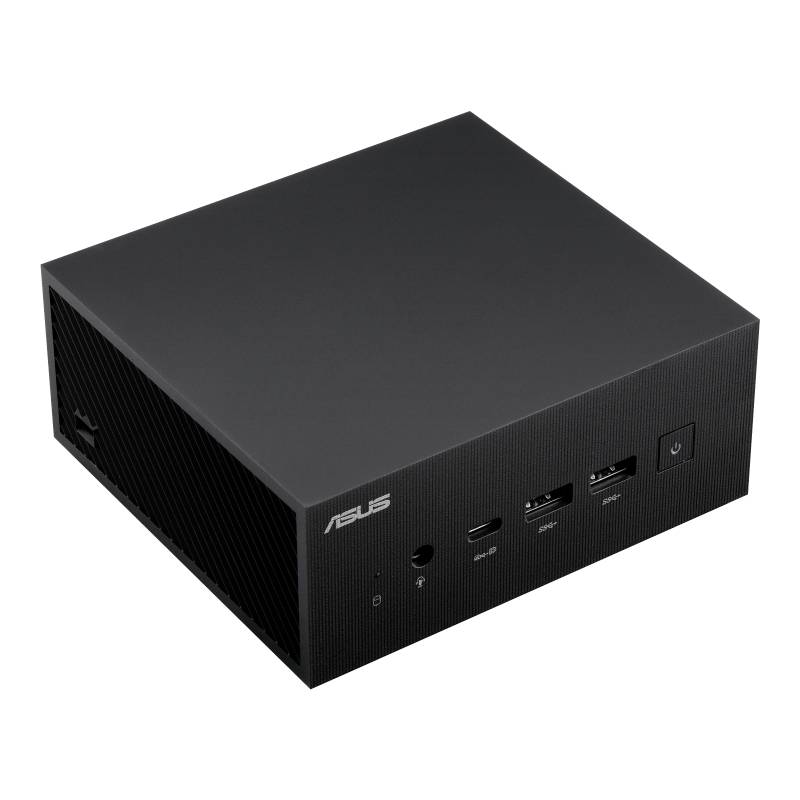 Schwarzer Mini-PC mit ASUS-Logo, mehreren USB-Anschlüssen und Ein/Aus-Schalter. Geeignet für kompakte Computeranwendungen.