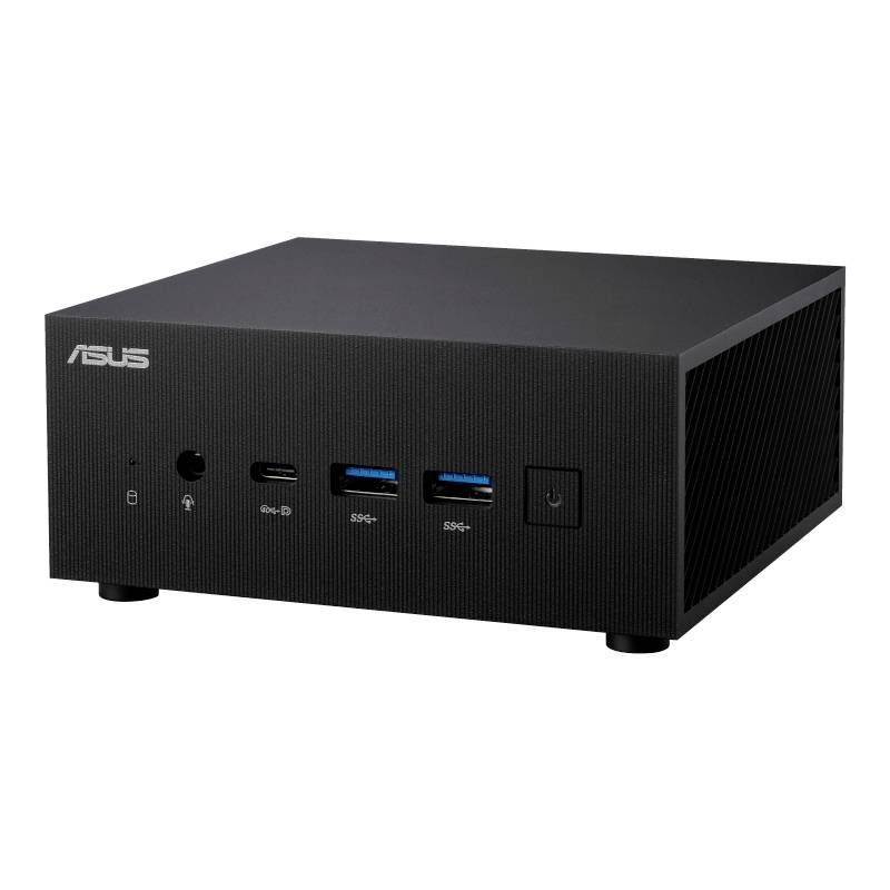 Ein kompakter schwarzer ASUS Mini-PC mit Markenlogo, USB-Anschlüssen und Ein/Aus-Schalter auf der Vorderseite.