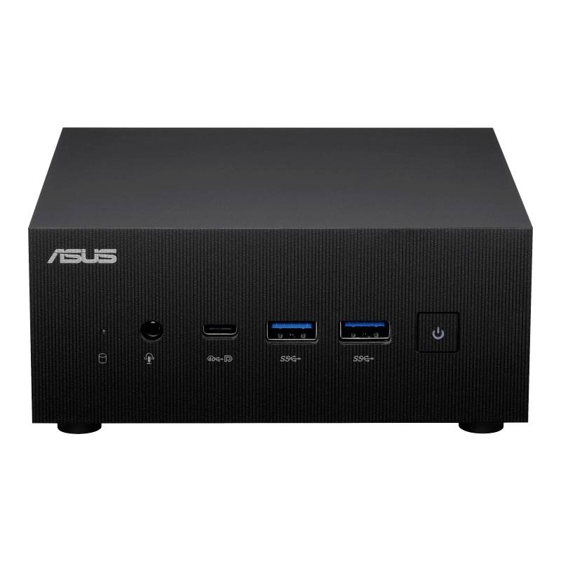 Ein kompakter, schwarzer ASUS Mini-PC mit mehreren Anschlüssen auf der Vorderseite, darunter USB- und Audioanschlüsse sowie ein Netzschalter.