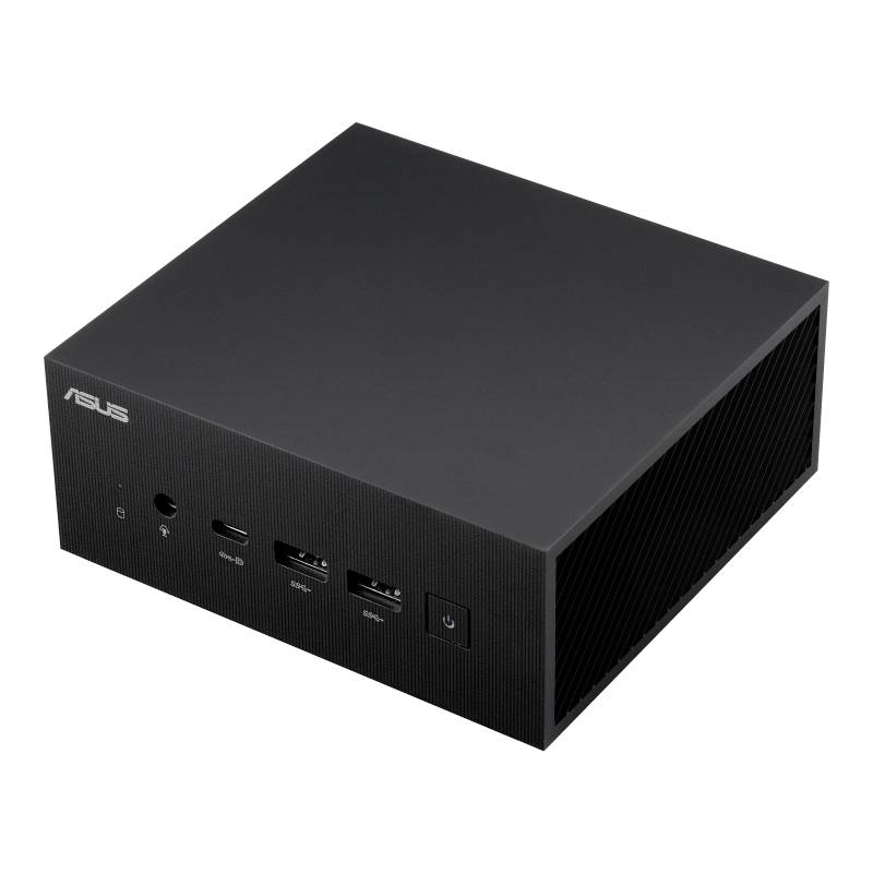 Ein rechteckiger ASUS Mini-PC mit schwarzem Gehäuse. Vorne sind Anschlüsse und ein Netzschalter sichtbar.