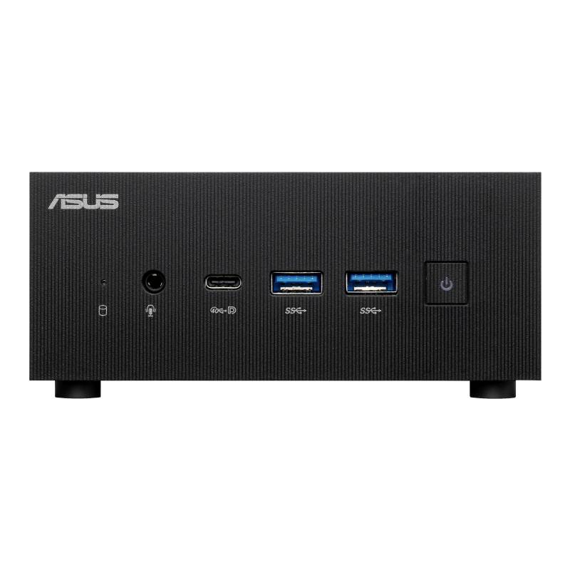 Eine schwarze ASUS-Mini-PC-Frontansicht mit Power-Taste, zwei USB-3.0-Anschlüssen und einem USB-C-Anschluss. Minimalistisches Design.