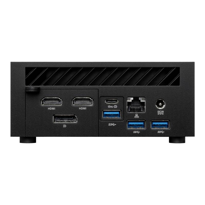 Rückseite eines Mini-PCs mit verschiedenen Anschlüssen: HDMI, DisplayPort, USB, Ethernet, USB-C und DC-In für Stromversorgung.