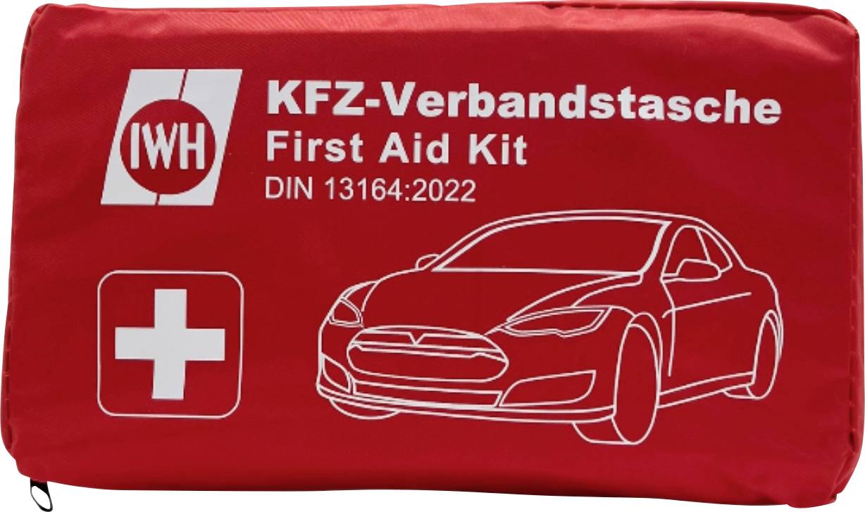 Rote Erste-Hilfe-Tasche mit der Bezeichnung „KFZ-Verbandstasche First Aid Kit DIN 13164:2022