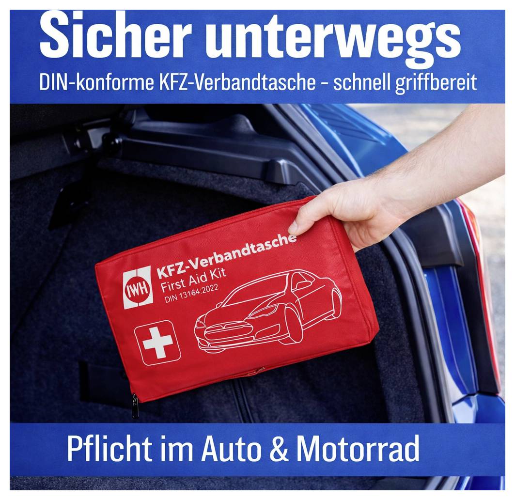 Hand hält rote KFZ-Verbandtasche mit 'First Aid Kit' im Kofferraum; Werbung für DIN-konforme Erste-Hilfe-Ausrüstung 'Pflicht im Auto & Motorrad'.
