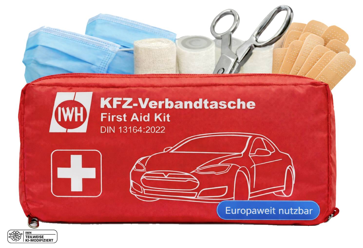 Rotes Erste-Hilfe-Tasche für Autos mit der Beschriftung „KFZ-Verbandsasche Erste-Hilfe-Kasten DIN 13164:2022