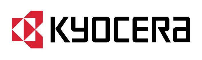 Logo von Kyocera, einem japanischen Unternehmen, das elektronische Geräte herstellt. Enthält ein rotes Symbol links vom Firmennamen.