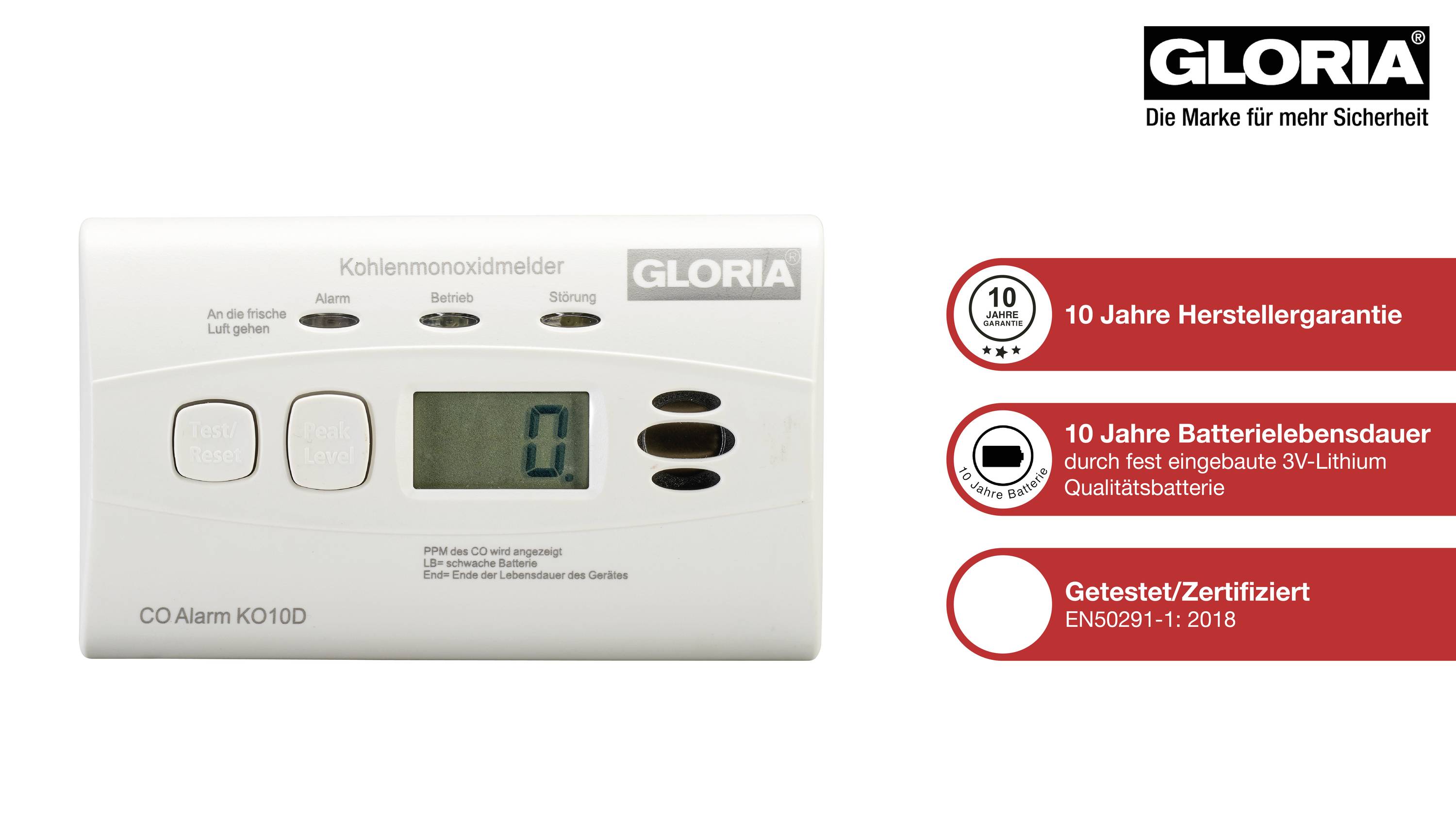 Gloria KO10D Kohlenmonoxid-Melder inkl. 10 Jahres-Batterie batteriebetrieben detektiert Kohlenmonoxid