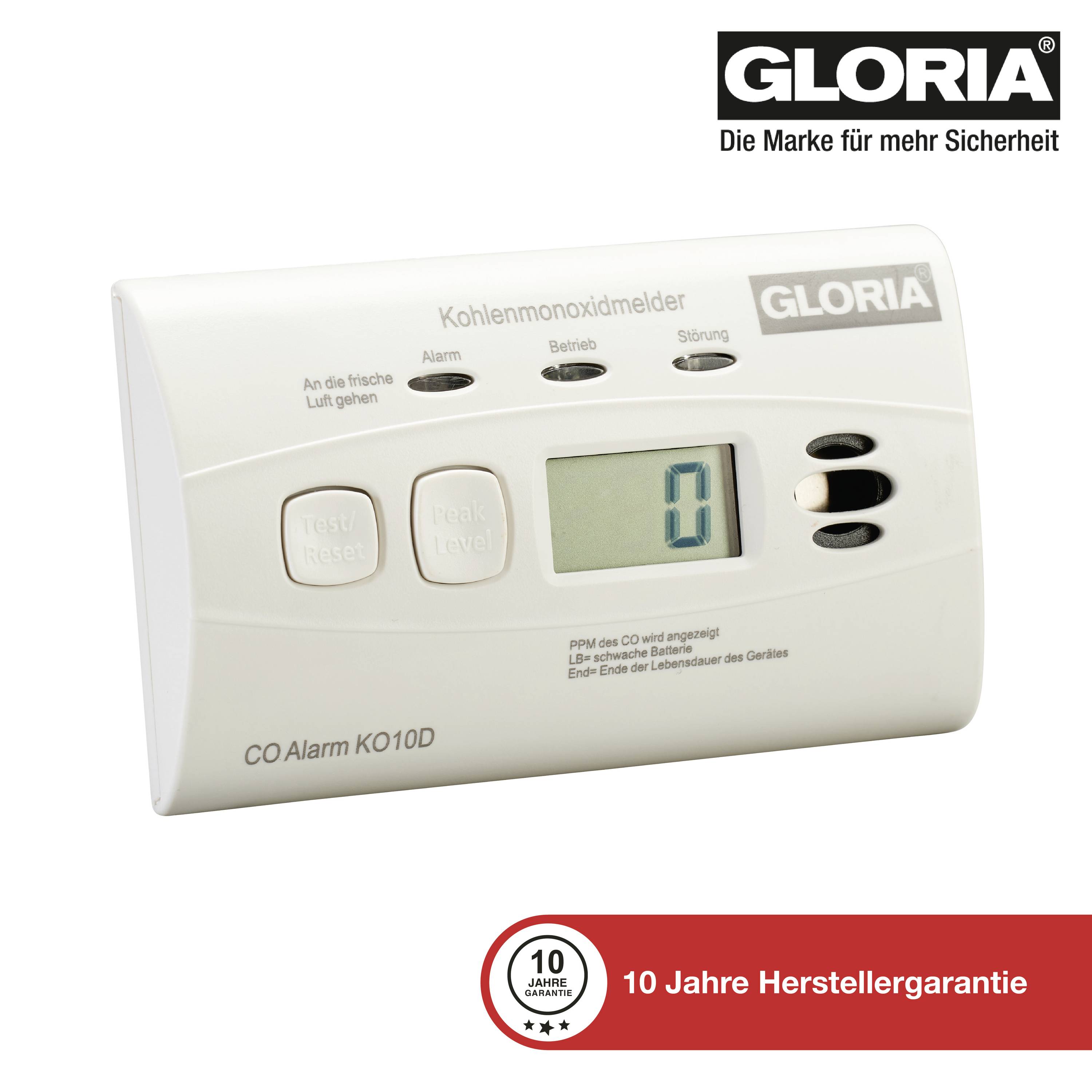 Gloria KO10D Kohlenmonoxid-Melder inkl. 10 Jahres-Batterie batteriebetrieben detektiert Kohlenmonoxid
