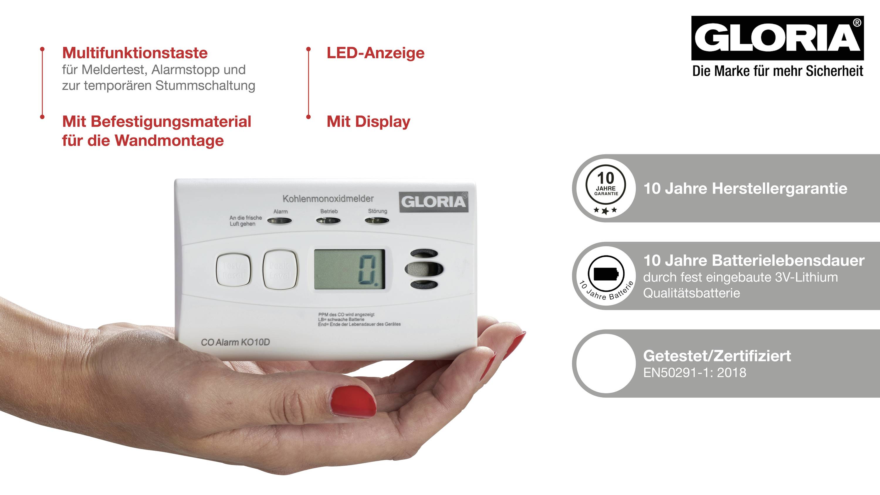 Gloria KO10D Kohlenmonoxid-Melder inkl. 10 Jahres-Batterie batteriebetrieben detektiert Kohlenmonoxid