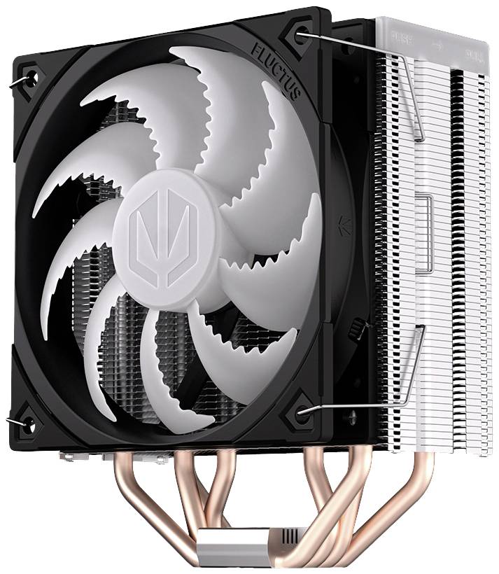 PC-Luftkühler mit großem weißen Propeller, kupfernen Wärmerohren und Aluminium-Kühlrippen für effiziente Wärmeableitung.