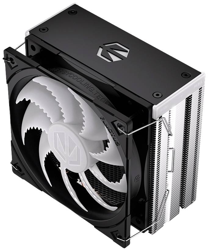 Schwarzer und silberner CPU-Kühler mit großem Lüfter und markantem Logo, zur Kühlung von Computerprozessoren geeignet.