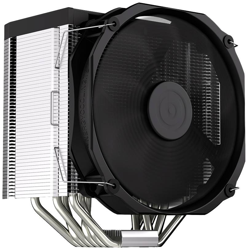 Schwarzer CPU-Kühler mit großem Lüfter und silbernen Kühlrippen. Sechs Heatpipes führen von der Basis zu den Kühlrippen.